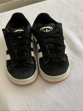 adidas Kids Black Suede Sneakers with White Stripes